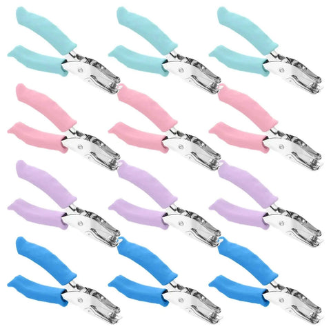 12 Pcs Handheld One Quarter Inch Hole Punches For Crafts With Grip Handles, multicolor blue pink green, arranged in rows