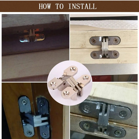 Concealed Cross Door Hinge 8x42mm Invisible Hinge 180 Degree Swing With Screws installed on various wood doors.