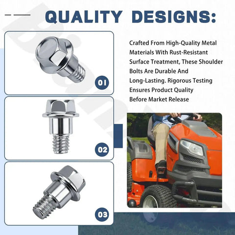 4 Pack Heavy Duty Replacement Shoulder Bolts 532196539 Compatible With Lawn Mower Models display and lawn mower image