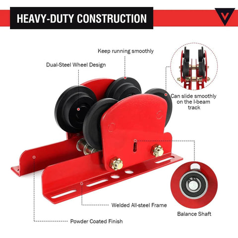 Electric Hoist Manual Trolley 1 Ton Heavy Duty I Beam Overhead Trolley With Dual Wheels, Push Geared Design, red steel frame