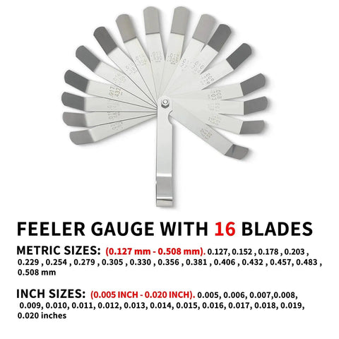 16 blade gauge from Three Piece Feeler Gauge Set With 32 And 26 Blade Gauges And Offset 16 Blade Gauge Stainless Steel Dual Marked Metric