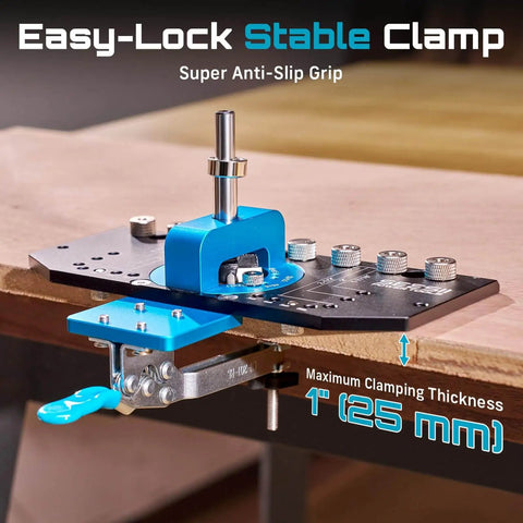 Close-up of Three In One Cabinet Hardware Jig with adjustable clamp on a wood panel, shown for woodworking and home projects.