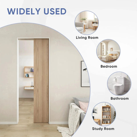 Commercial Grade Pocket Door Hardware And Track Set For 5 Foot Doors installed in living room, bedroom, and bathroom spaces