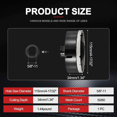 Pro Grade Diamond Core Drill Bit For Angle Grinders PATIKIL Four And One Half Inch Diamond Hole Saw 115mm With Five Eighths Eleven Thread For Ceramic Porcelain Marble Tile Stone Brick Hard Material product size, 115mm diameter side view