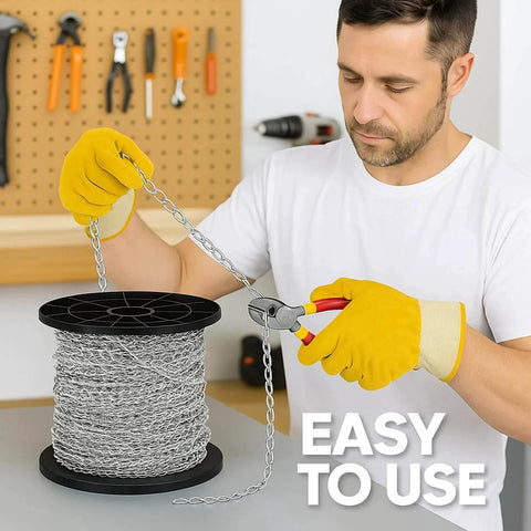 Man using pliers to cut 50 Ft Galvanized Steel Hanging Jack Chain 1.3mm for Light Fixtures, showing ease of use for various applications.