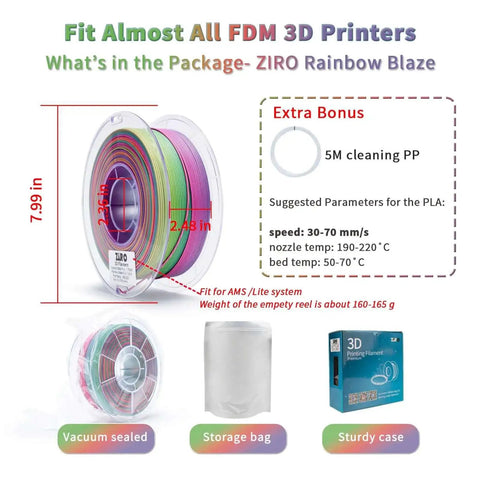 Rainbow Blaze Matte Color Changing PLA Filament package with spool, storage bag, and box for FDM printers