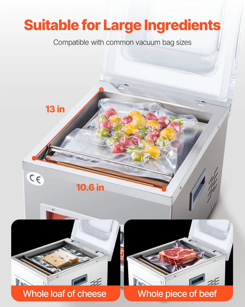 VEVOR chamber vacuum sealer in stainless steel with 10.6 in sealing length and 13 in chamber width