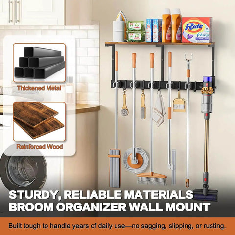 All In One Broom Holder Wall Mount With Cleaning Supplies Organizer showing grippers and hooks, ideal for laundry room storage.