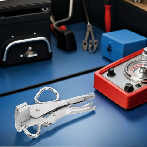 Heavy Duty Auto Body Clamp With Locking Sheet Metal Pliers, Wide Flat Duckbill Design on workshop table for welding and panel repair