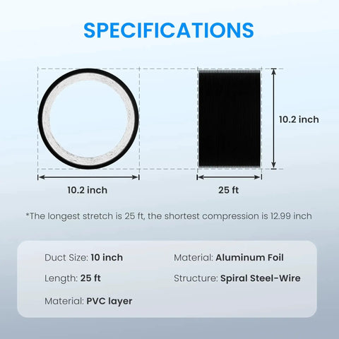 Specifications of Beefed Up 10 Inch Dryer Vent Hose 25 Feet Flexible Aluminum Duct with dimensions and materials listed.