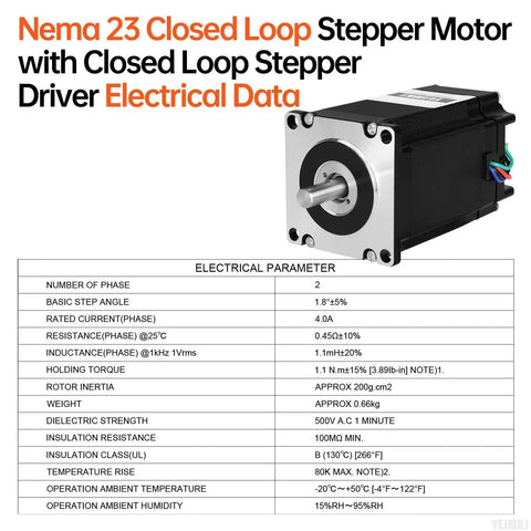 Nema 23 Closed Loop Stepper Motor With Built In Driver For CNC Mills And Lathes, table showing electrical parameters and motor image