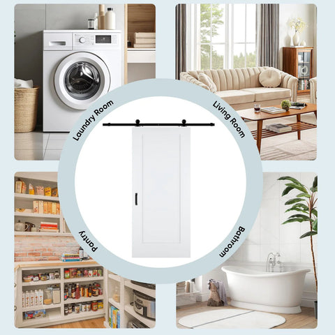36x84 Inch White Primed Sliding Barn Door With 6 Ft Hardware Kit And Handle, displaying potential room uses.