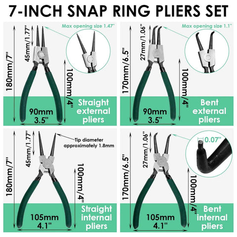 7 inch snap ring pliers set diagram showing straight and bent external and internal pliers with size details.