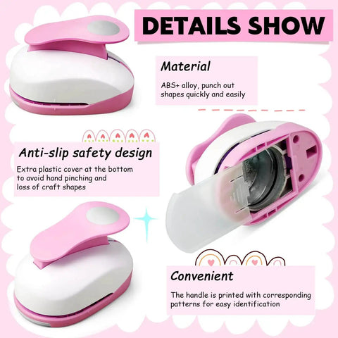 Dope 6 Piece Circle Punch Set with pink ABS and alloy material, featuring anti-slip safety design and convenience for scrapbooking and crafts