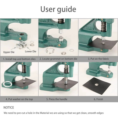 User guide showing steps to use Heavy Duty Eyelet Grommet Press Kit with Three Interchangeable Dies and 1500 Silver Grommets.