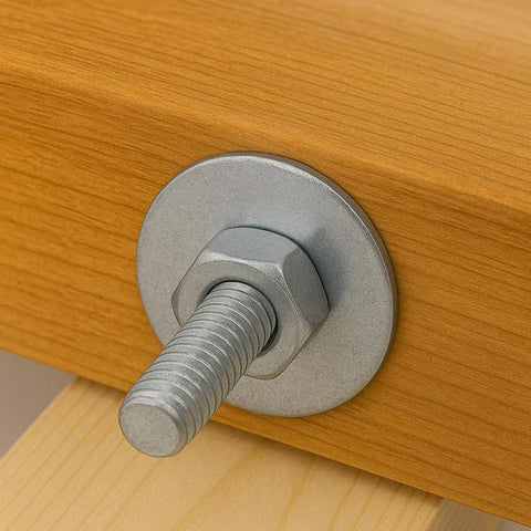 Close-up of a 1/4 inch stainless steel bolt with a large fender washer and hex nut on wood.