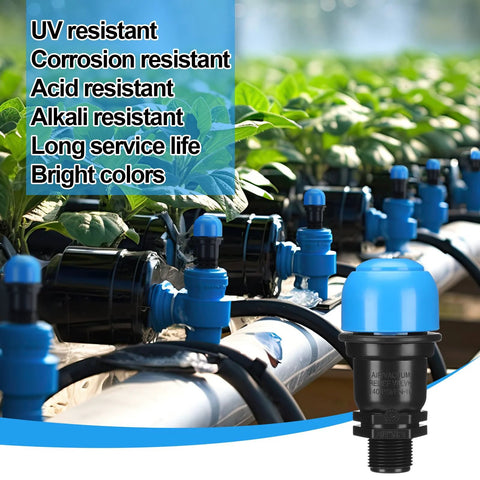 Two-pack 3/4 inch air release valves for irrigation drip systems, blue cap, black body, male thread
