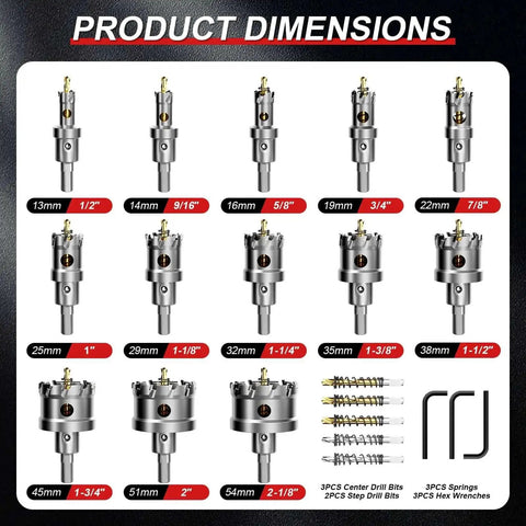 Heavy Duty 21 Piece Carbide TCT Hole Saw Kit For Metal And Wood With Titanium Pilot Bits showing dimensions and accessory layout