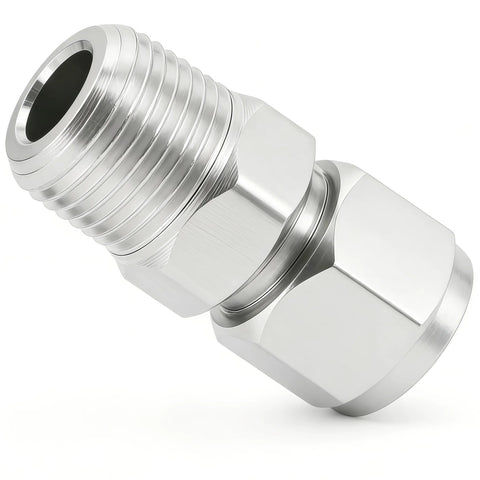 Closmos 304 SS compression fitting, 3/8 in tube OD x 1/4 in NPT male, straight adapter, double ferrules, 2-pack