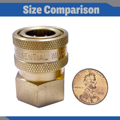 Brass Three Eighths Inch Quick Connect Female NPT Pressure Washer Coupler next to penny for size comparison.