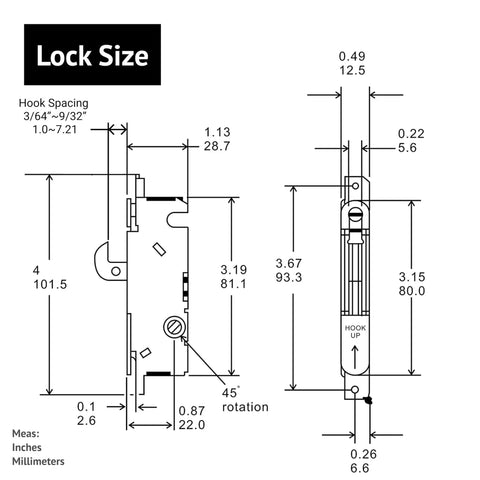 Technical drawing of Sliding Patio Door Lock With 45 Degree Keyway And Adjustable Bolt Projection, dimensions shown.