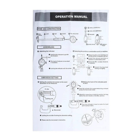 Operation manual for assembling and setting a 2-6 Inch Bore Gauge With 0.001 Inch Deep Measurement For Engine Holes And Cylinder Sizing.