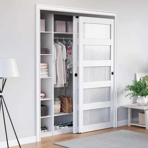 Installed 6Ft Bypass Closet Door Hardware Kit Top Mounted Track System Heavy Duty Aluminum Smooth Quiet Sliding For Two Doors Fits Minimum 36.5 Inch Door Panel Width Black Finish