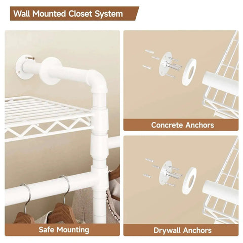 Wall Mounted Garment Rack and Closet System With Two Expandable Rods Six Adjustable Shelves Industrial Pipe Style Metal Shelving in White Heavy Duty Walk In Closet Organizer Easy Install Durable Clothes Storage Solution showing mounting options.