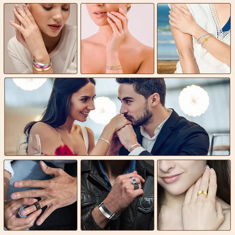 Collage of people wearing jewelry from the All In One Laser Engraving Jewelry Kit With 99 Pcs Materials and 46 Accessories for crafting.