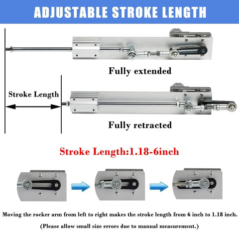 New Version 24V DIY Reciprocating Linear Actuator Kit with adjustable stroke 1.18 to 6 inches, shown fully extended and retracted