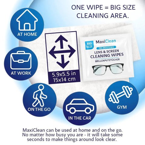 Image of 600 Premoistened Lens Wipes For Eyeglasses Screens Phones Individually Wrapped, with wipe size and usage icons.