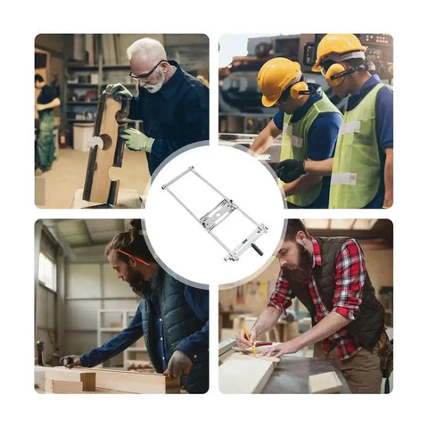 Machining Vise And Wood Positioning Guide Tool for precise cutting, trimming; woodworkers using stainless steel frame in workshop.