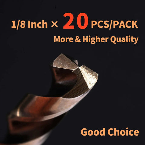 Close-up of One Eighth Inch Cobalt Drill Bit Set, HSS M35 Metal Drill Bits for Steel Stainless Steel Cast Iron Wood and Hard Plastic, Twenty Piece RCINDUS Set.