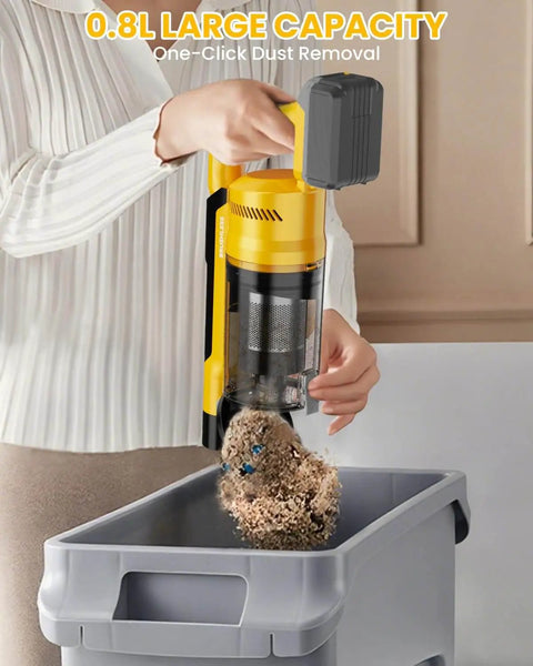 Cordless Vacuum Cleaner For Dewalt 20V Battery Compatible 7 In 1 Lightweight Stick Vacuum in use, emptying dust into a bin