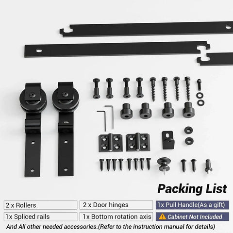 36 Inch Mini Bifold Barn Door Hardware Kit For Closet And Cabinet Sliding Track System with all components shown.