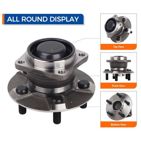 Two Piece Rear Wheel Hub Bearing Assembly Kit For 2003 Through 2008 Pontiac Vibe 2000 Through 2005 Toyota Celica And 2003 Through 2008 Corolla Matrix FWD Non ABS Reliable OE Quality Hubs With Durable Bearings Ready To Install, displayed from various angles