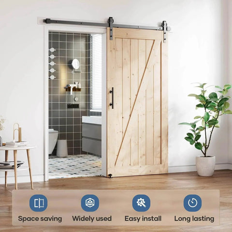 EaseLife 6.7 Foot Sliding Barn Door Hardware Track Kit And Handle In Black With Industrial Spoke Wheel Pulley Wall Mount installed