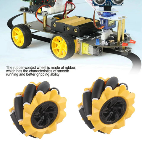 Omni Directional Mecanum Wheel Kit for DIY Smart Robot Car with 80mm grippy rubber-coated wheels, two pairs for multi movement modes.
