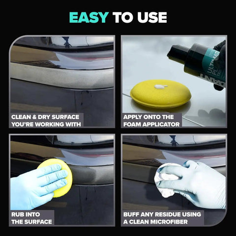 Plastic Restorer for Cars Deep Black Shine for Trim and Vinyl UV Protection steps