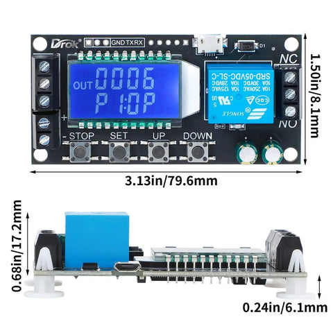 Time Delay Relay Module Dual Pack for DC 5V 12V 24V with LCD Display showing dimensions and buttons