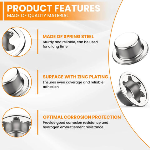 Product features highlighting Two Piece Spring Steel Push On Pushnut Cap Stud Half Inch Axle Fastener With Zinc Mechanical Finish