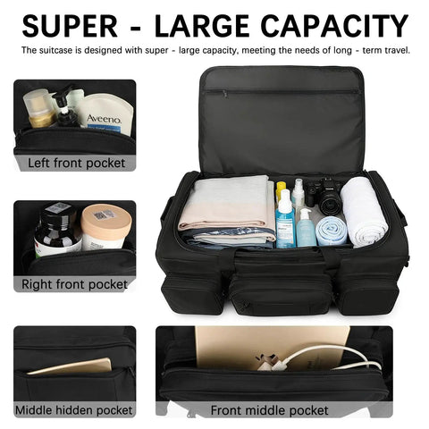 Open Ultra Large 120L Rolling Duffle Bag With Wheels For Travel And Outdoor Adventures, showing multiple pockets and packed items