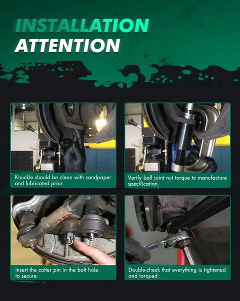 SCITOO front suspension kit collage: Ford Escape installation steps - knuckle clean, torque check, cotter pin, final tighten.