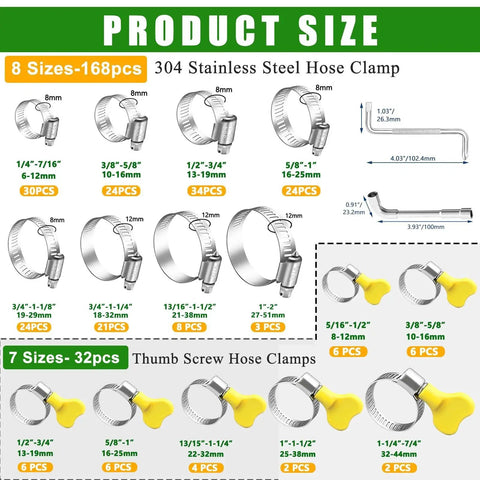 Product size chart for 200-Piece 304 Stainless Steel Hose Clamp Kit with Thumb Screws, showing 15 different clamp sizes with illustrations.