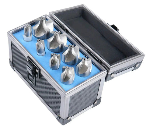 Corner Rounding End Mill Set Pro Grade HSS Right Hand Cut 1 16th to 3 8th Inch 8 Pc Form Relieved Sharpenable For Ferrous And Nonferrous Metals Includes Aluminum Case Accusize in an open case showing eight metal pieces with a blue insert and gray exterior.