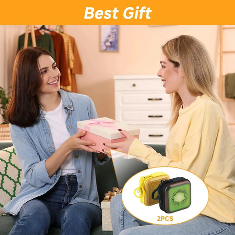 Two women exchanging a gift with inset image showing Two Pack Portable Lens Wipes Tin Case For Eyeglasses Cleaning And Storage.