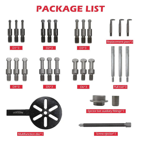 Bearing Puller Kit With Inner Hole Three-Jaw Puller Curved Hook And Quick Change Collets detailed package list with components labeled.