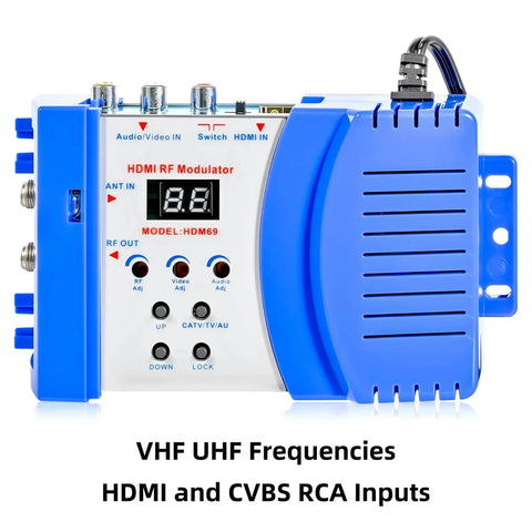 HDMI To RF Modulator For TV With Easy F Type Output Converts HDMI Or CVBS RCA To VHF UHF RF Coax, shown with HDMI and RCA inputs