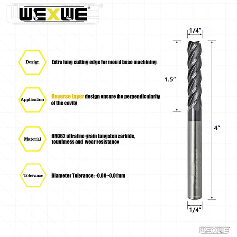 Extra Long Carbide Square End Mill For Cutting Alloy Steel Cast Iron Hardened Steel Four Flute Milling Cutter One Quarter Inch Shank Two Pack MAH Coated Tungsten Carbide Bits With Ultra Durability And Precision Ground Edges For Tough Metalwork, shown at full length with dimensions and design features.