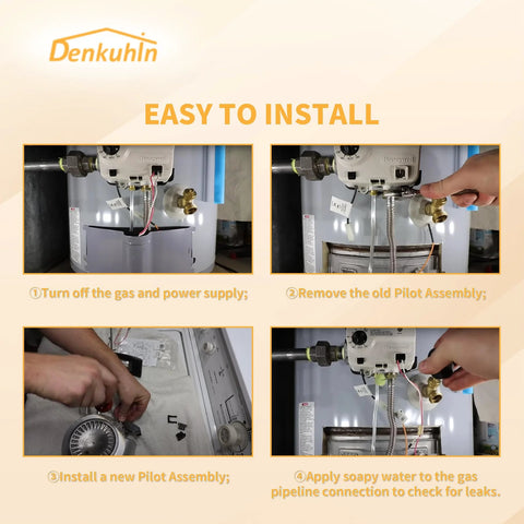 Denkuhin 100112330 water heater pilot assembly with thermopile for Whirlpool/A.O.Smith/Kenmore gas heaters, four-step install collage